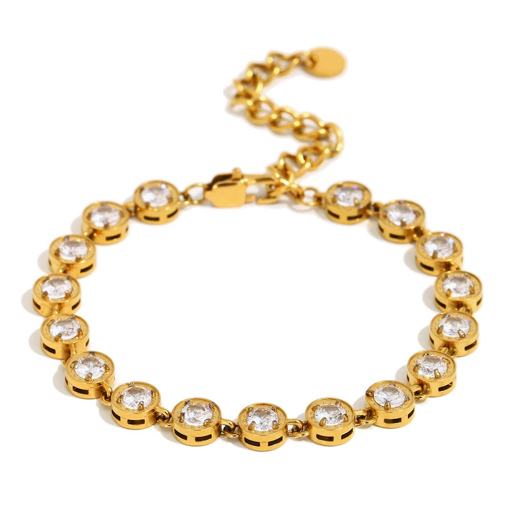 E.B.belle Multicolor Luxury Round Zircon Necklace Bracelet PVD Plated Stainless Steel Classic Style Party Shiny Chic Jewelry