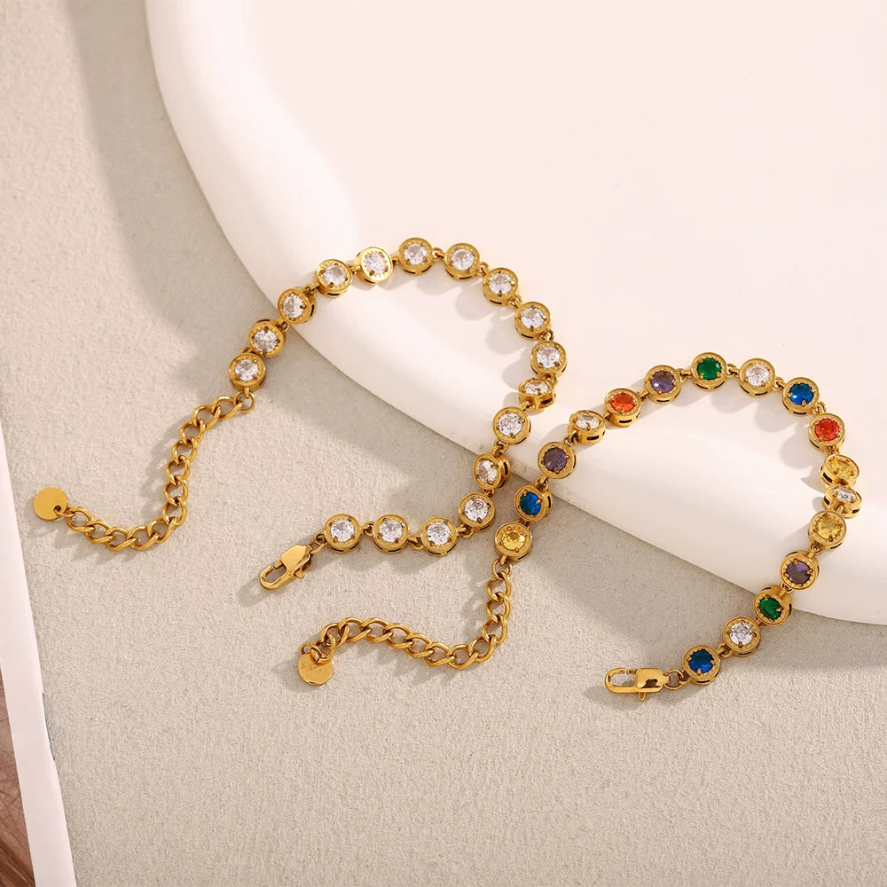 E.B.belle Multicolor Luxury Round Zircon Necklace Bracelet PVD Plated Stainless Steel Classic Style Party Shiny Chic Jewelry