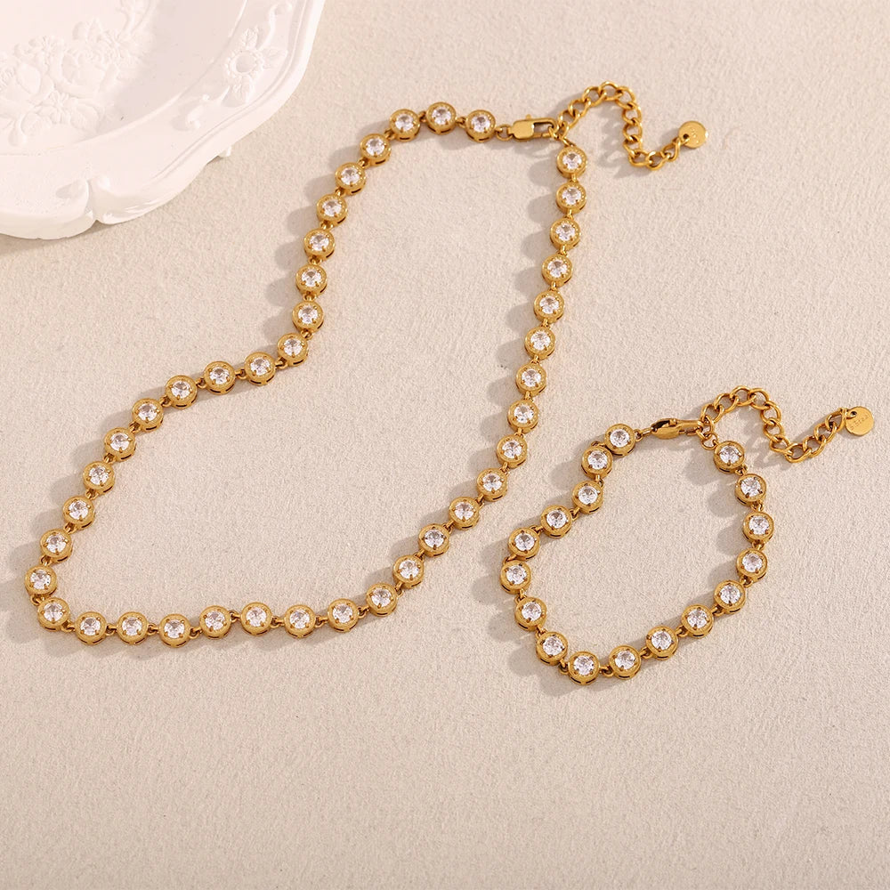 E.B.belle Multicolor Luxury Round Zircon Necklace Bracelet PVD Plated Stainless Steel Classic Style Party Shiny Chic Jewelry