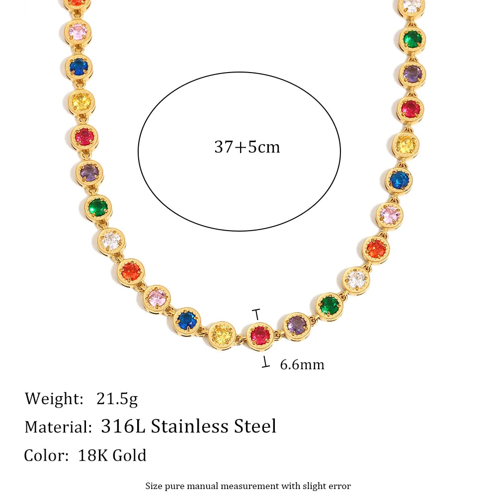 E.B.belle Multicolor Luxury Round Zircon Necklace Bracelet PVD Plated Stainless Steel Classic Style Party Shiny Chic Jewelry