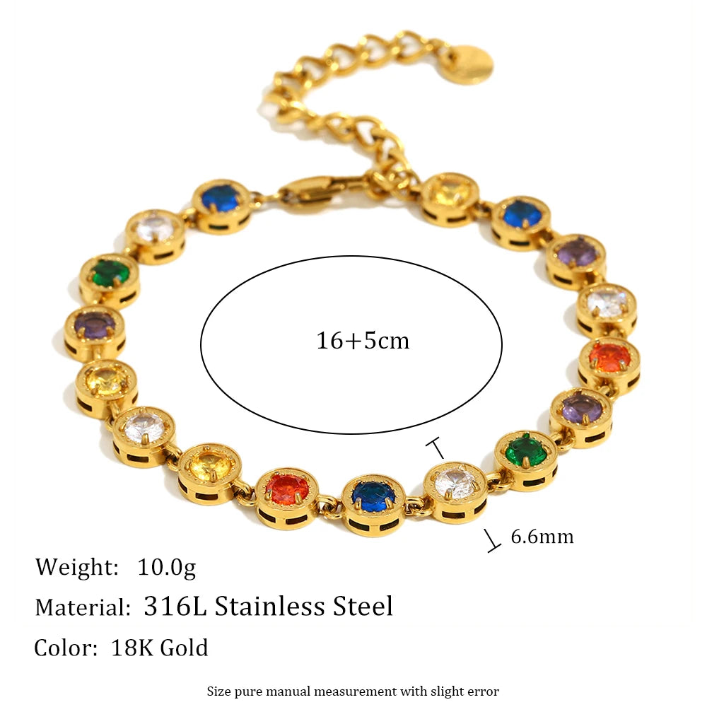 E.B.belle Multicolor Luxury Round Zircon Necklace Bracelet PVD Plated Stainless Steel Classic Style Party Shiny Chic Jewelry