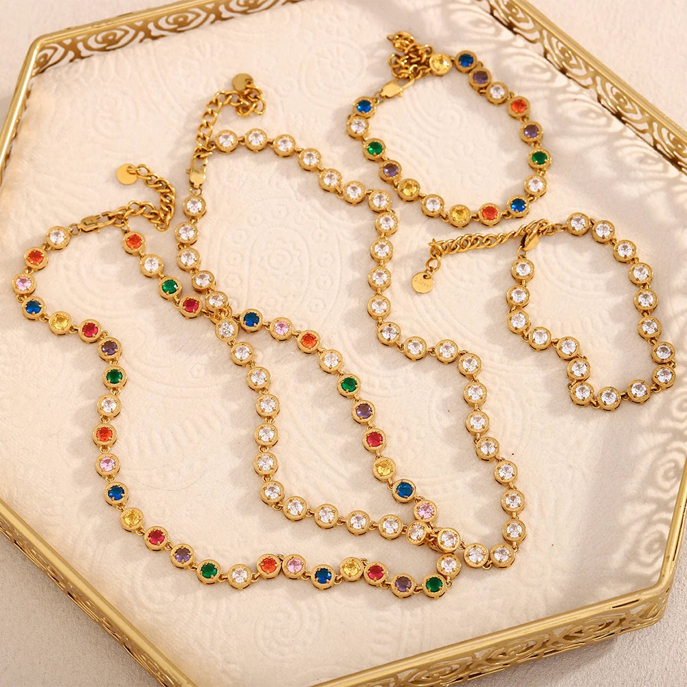 E.B.belle Multicolor Luxury Round Zircon Necklace Bracelet PVD Plated Stainless Steel Classic Style Party Shiny Chic Jewelry