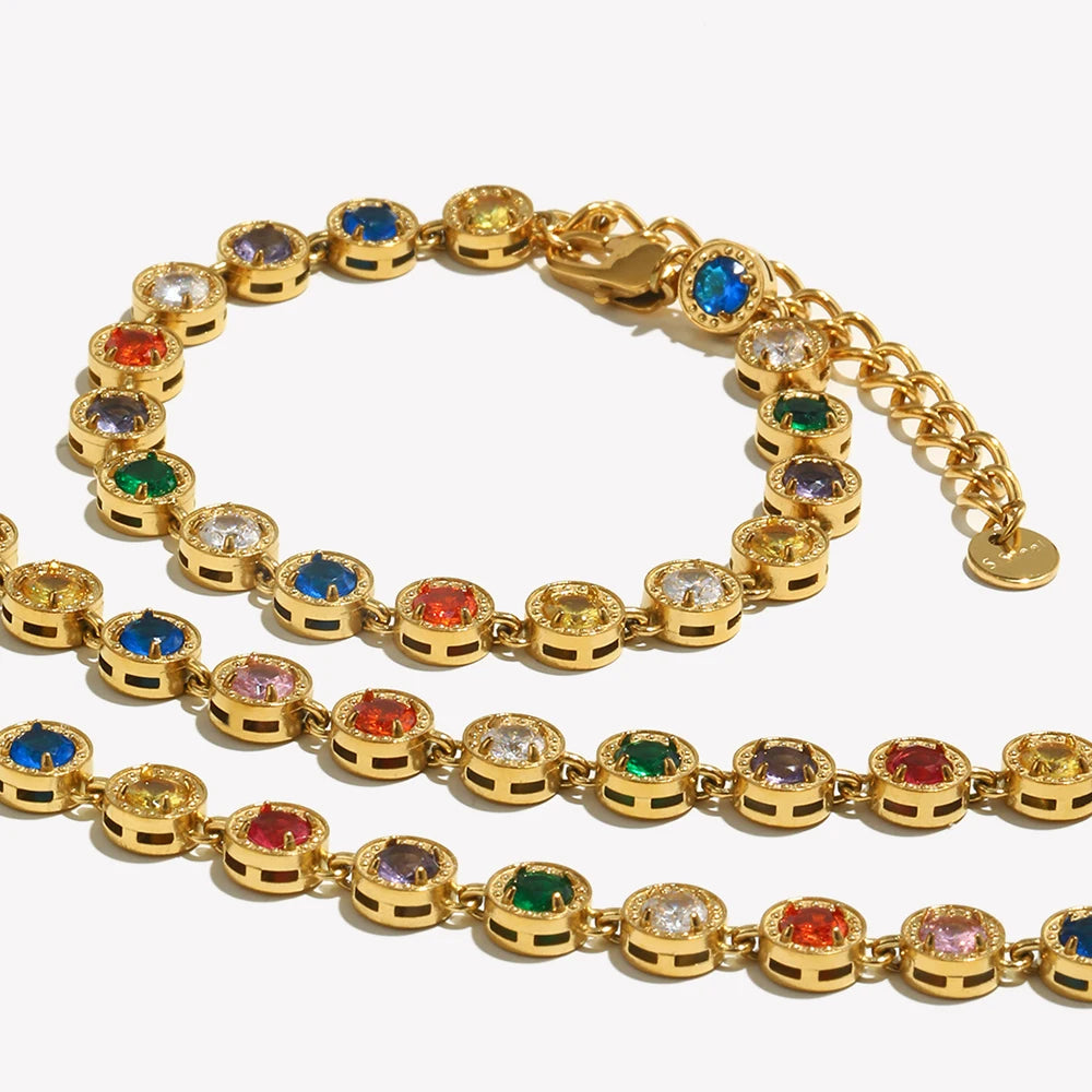 E.B.belle Multicolor Luxury Round Zircon Necklace Bracelet PVD Plated Stainless Steel Classic Style Party Shiny Chic Jewelry