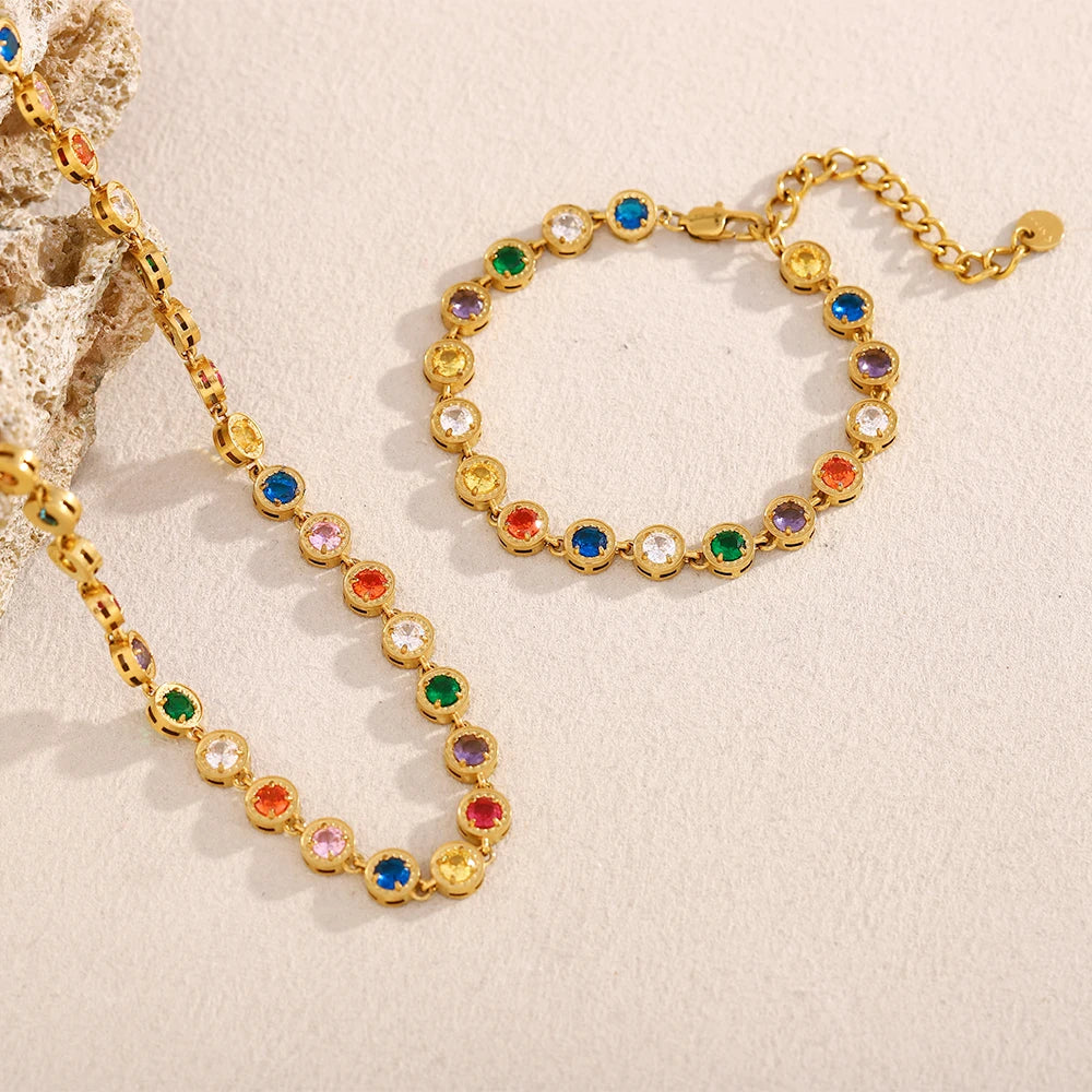 E.B.belle Multicolor Luxury Round Zircon Necklace Bracelet PVD Plated Stainless Steel Classic Style Party Shiny Chic Jewelry
