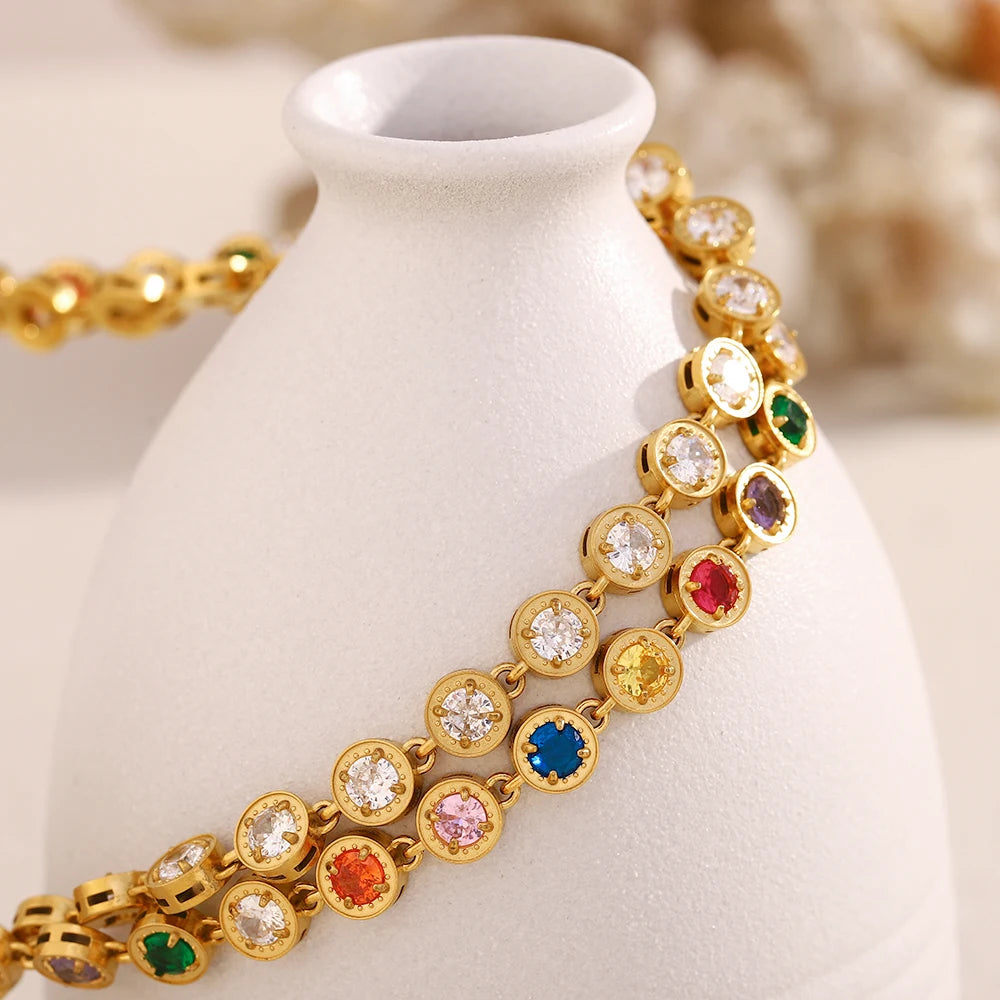 E.B.belle Multicolor Luxury Round Zircon Necklace Bracelet PVD Plated Stainless Steel Classic Style Party Shiny Chic Jewelry