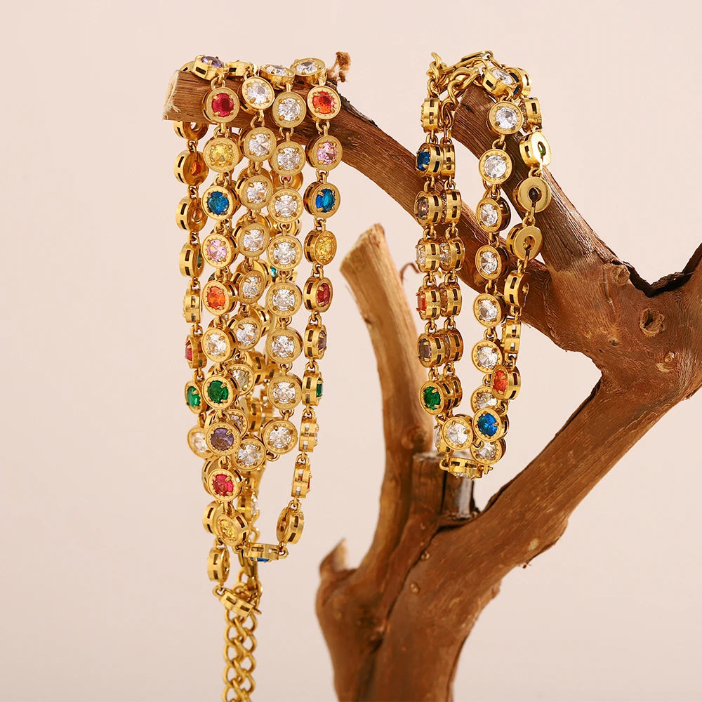 E.B.belle Multicolor Luxury Round Zircon Necklace Bracelet PVD Plated Stainless Steel Classic Style Party Shiny Chic Jewelry