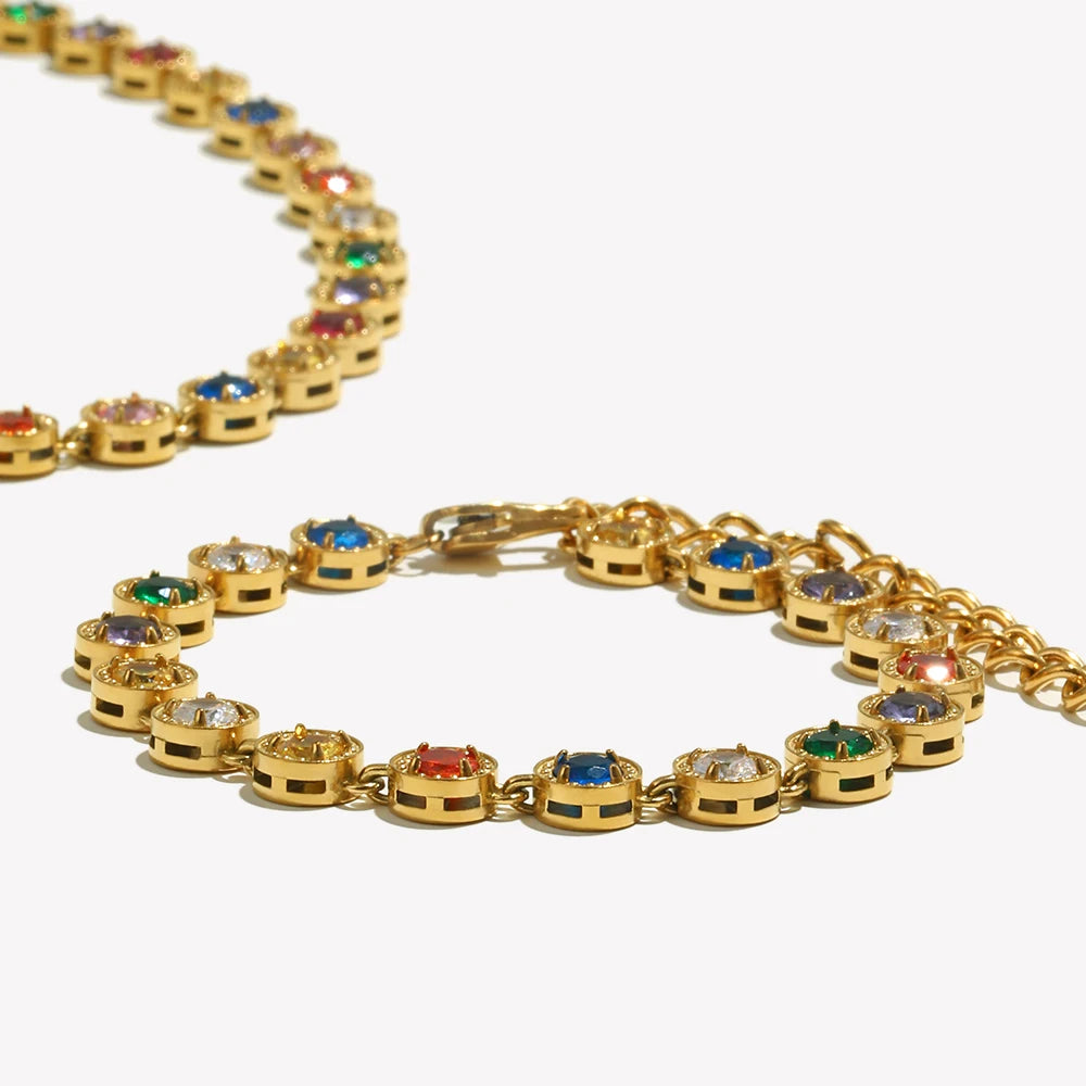 E.B.belle Multicolor Luxury Round Zircon Necklace Bracelet PVD Plated Stainless Steel Classic Style Party Shiny Chic Jewelry