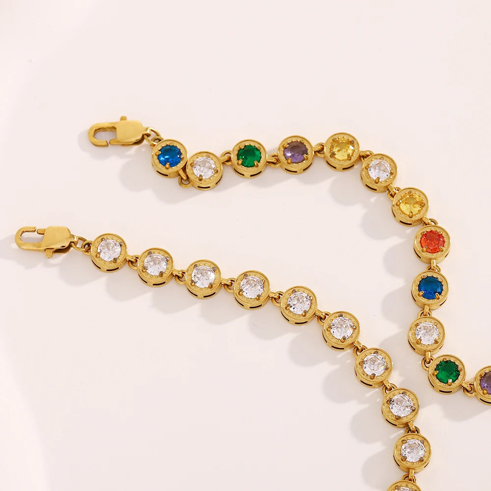 E.B.belle Multicolor Luxury Round Zircon Necklace Bracelet PVD Plated Stainless Steel Classic Style Party Shiny Chic Jewelry